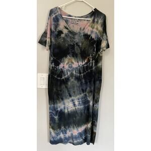 Rough and Tumble Vtg Hand Dyed V-Neck Midi Dress Short Sleeve Boho Pockets 1X